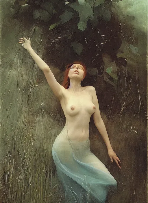 Prompt: queen of the garden, wind swept hair, murky underwater and dreaming by jeremy lipkin, vincent di fate, hieronymus bosch, rule of thirds, seductive look, beautiful