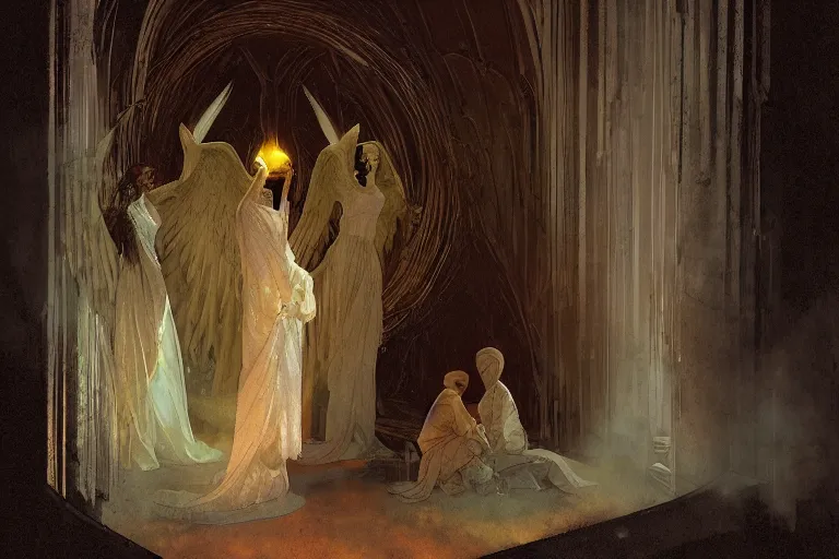 Image similar to inside a tomb, dark scene, light coming in from the left, dark scene, 3 mourning women in colored robes, 2 angels with feathered wings | medium close | fibonacci composition, by greg rutkowski, craig mullins, alphonse mucha