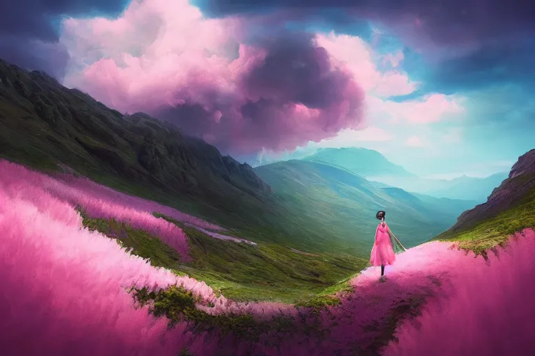 Image similar to a giant dahlia flower crown head, girl walking on mountain, surreal photography, pink storm clouds, dramatic light, impressionist painting, digital painting, artstation, simon stalenhag