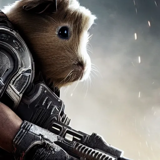 Image similar to guinea pig in gears of war, splash art, movie still, detailed face, photorealistic facial features, cinematic lighting, dramatic, octane render, long lens, shallow depth of field, bokeh, anamorphic lens flare, 8 k, hyper detailed, 3 5 mm film grain