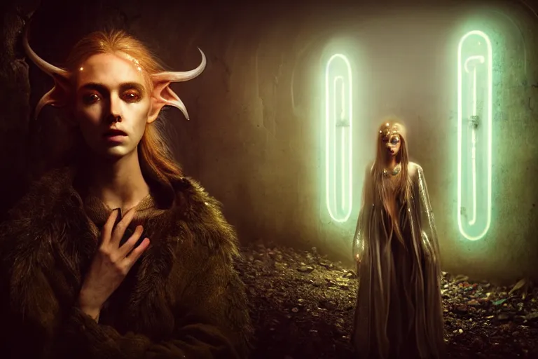 Image similar to an ultra realistic, cinematic, fantasy, headshot portrait, of an elden ring elf, fairy lights, facial features, stood outside an abandoned church, with futuristic buildings and neon signs, detailed, deep focus, movie still, dramatic lighting, ray tracing, by michal karcz and yoshitaka amano