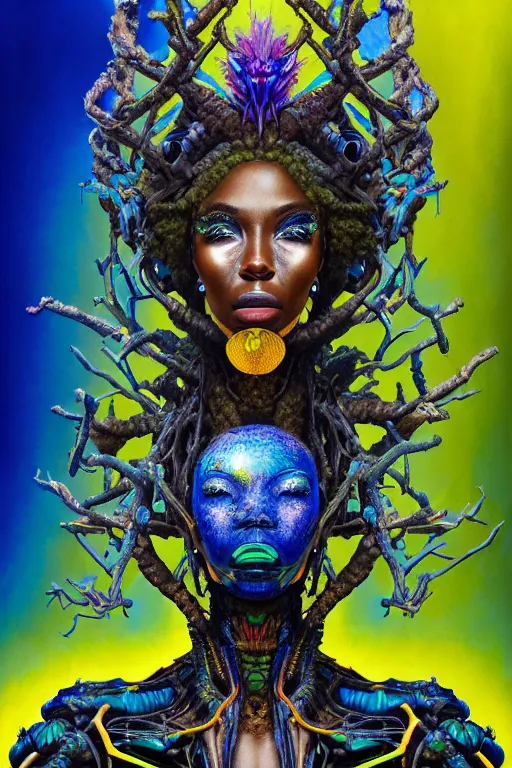 Image similar to hyperrealistic maximalist super expressive! black woman with exoskeleton armor, merging with tree in a forest, highly detailed concept art masterpiece smooth cam de leon hannah yata dramatic pearlescent blue yellow light ground angle hd 8k sharp focus