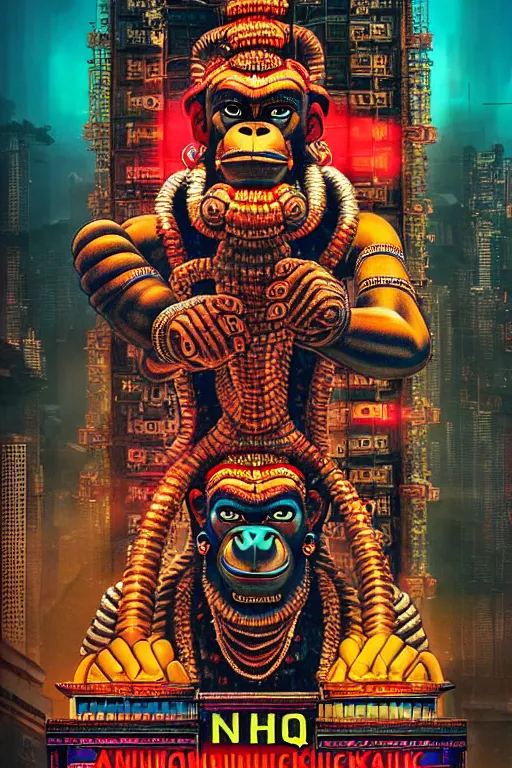 Image similar to high quality photo neo - rococo cyberpunk hanuman! head building, neon madhubani, highly detailed, in sci - fi mumbai, cinematic smooth, lee madgwick & liam wong, moody light, low angle, uhd 8 k, sharp focus