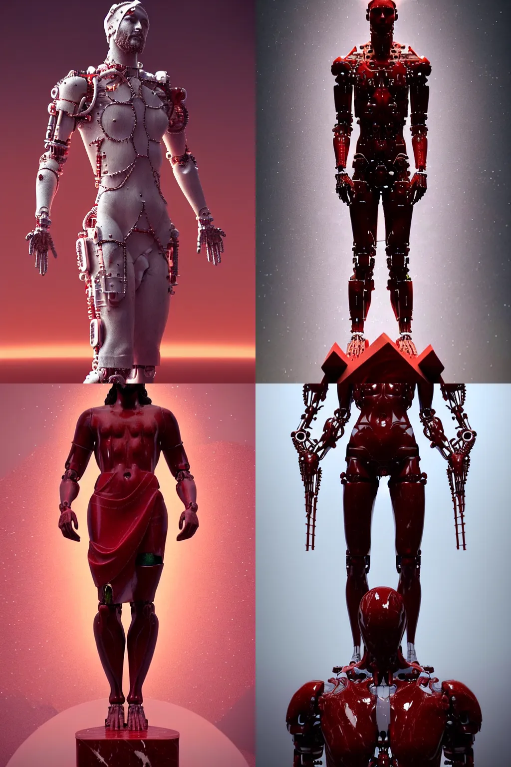 Prompt: a statue made of red marble jesus on cross, full body shot, perfect body, white biomechanical, inflateble shapes, wearing epic bionic cyborg implants, masterpiece, intricate, biopunk futuristic wardrobe, vogue, highly detailed, artstation, concept art, background galaxy, cyberpunk, octane render