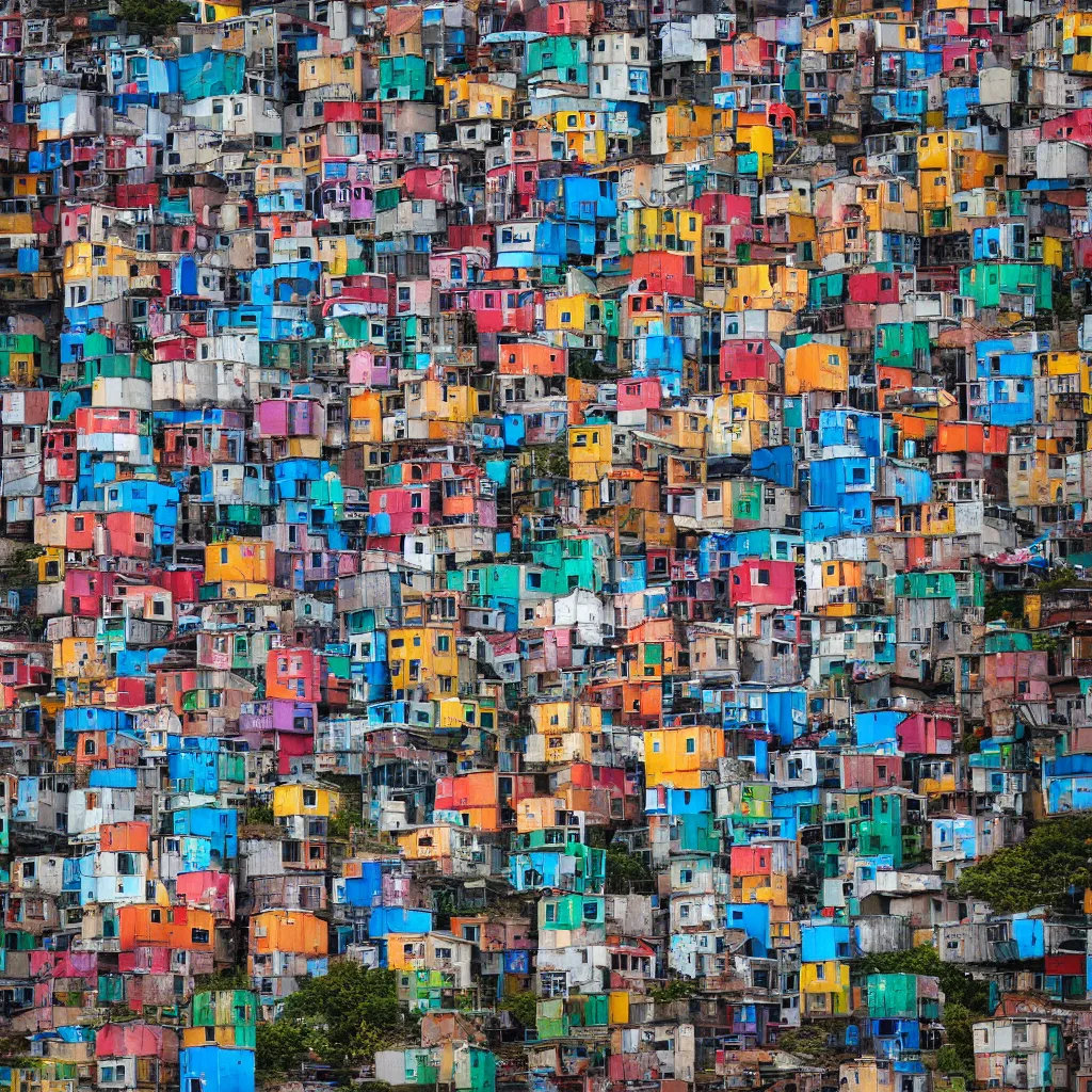 Prompt: a tower made up of colourful makeshift squatter shacks, dystopia, sony a 7 r 3, f 1 1, fully frontal view, photographed by tekla evelina severin, ultra detailed,