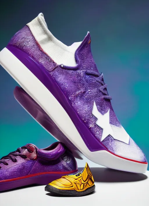 Image similar to hyperrealistic and heavy detailed product photo off white shoe of thanos ( marvel comics ), in front of white back drop, whole shoe is in picture, leica sl 2 5 0 mm, vivid color, high quality, high textured, real life