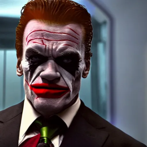 Image similar to awe inspiring Arnold Schwarzenegger as The Joker 8k hdr movie still dynamic colorful lighting