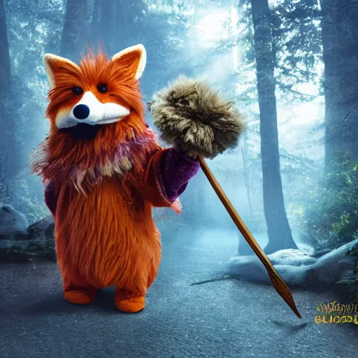 Image similar to photorealistic real life foxfolk wizard druid as a furry muppet plush wearing a fancy elven cloak and holding a sentient scimitar, photography, national geographic, sesame street