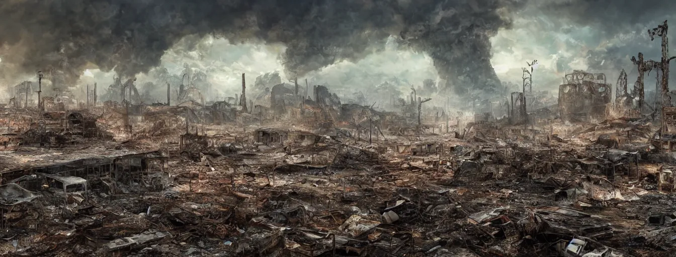 Image similar to vision of an apocalyptic ruined landscape, after the explosion of the hydrogen tanks, waste, total destruction, detailed drawing of total devastation, collapsed houses, broken forests, burnt remains of cars and garbage, high detail, saturated colors, by james paick, render unreal engine - h 7 0 4