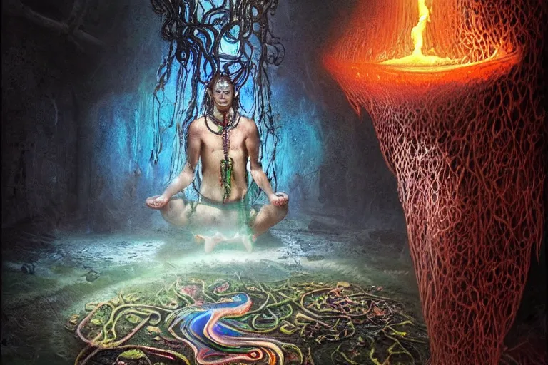 Image similar to meditating psychedelic shaman with trinket necklace, epic angle and pose, symmetrical artwork, ayahuasca, translucent, fungus, energy flows of water and fire, highly detailed, epic cinematic concept art, excellent composition, dystopian brutalist atmosphere, dynamic dramatic lighting, aesthetic, very inspirational, arthouse, Greg Rutkowski, Artgerm