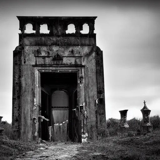 Prompt: two decaying knights standing in front of the gates of death, dark and gloomy, desaturated, highly detailed, 8K, Cinematic depth of field