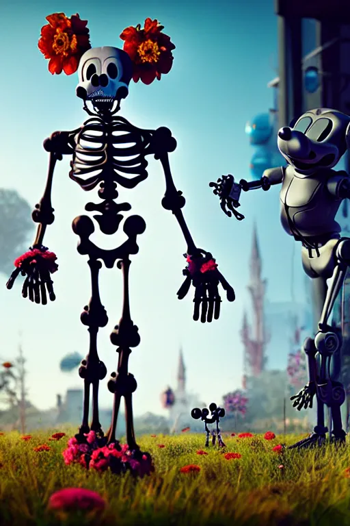 Image similar to a skeletal, mickey mouse made out of flowers and bones, walking with a robot, in the cyberpunk countryside, drones flying by beeple, nychos and arcimboldo, cinematic lighting, highly detailed octane render