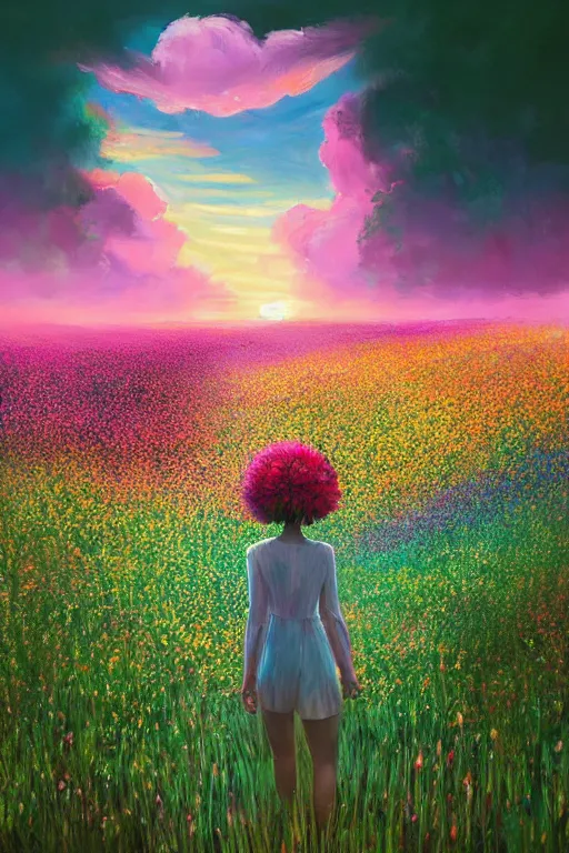 Image similar to giant flower head, girl walking in a flower field, surreal photography, sunrise, dramatic light, impressionist painting, colorful clouds, digital painting, artstation, simon stalenhag