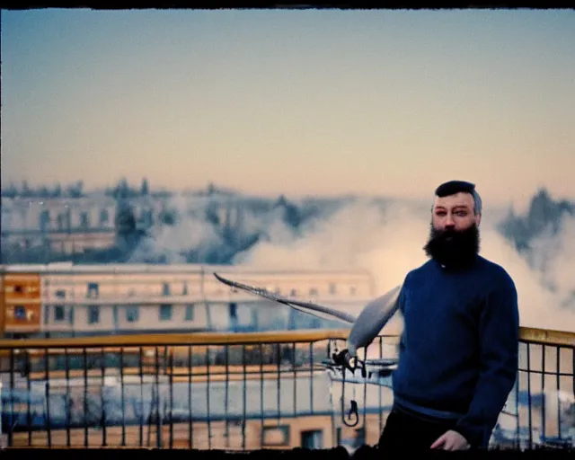 Prompt: lomo photo of 4 0 years russian man with beard and sweater standing on small hrushevka balcony full with cigarette smoke in small russian town looking at sunset, cinestill, bokeh