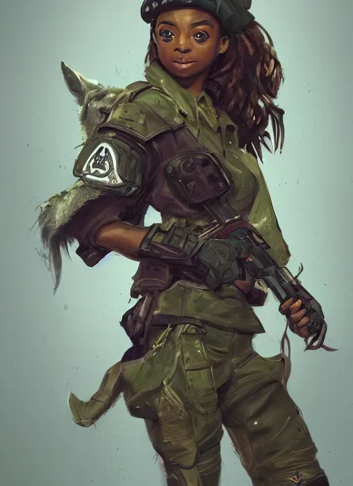 Prompt: a highly detailed illustration of skai jackson wearing tattered military uniform and green officer cap with giant wolf next to her, dramatic standing pose, intricate, elegant, highly detailed, centered, digital painting, artstation, concept art, smooth, sharp focus, league of legends concept art, wlop