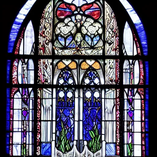 Prompt: Moonlight shines on a Stained glass window embroidered in intricate details in gothic architecture; arstation
