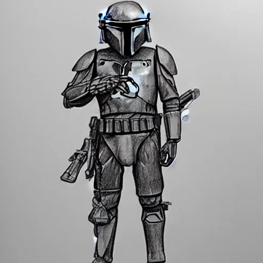 Image similar to a full body pencil sketch of Boba Fett, detailed