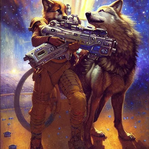 Image similar to portrait of a wolf in uniform starship stars laser gun. shadowrun furaffiniy cyberpunk fantasy highly detailed painting by gaston bussiere craig mullins jc leyendecker gustav klimt artgerm greg rutkowski john berkey, bergey, craig mullins, ruan jia, raymond swanland, jeremy mann, tom lovell, alex malveda