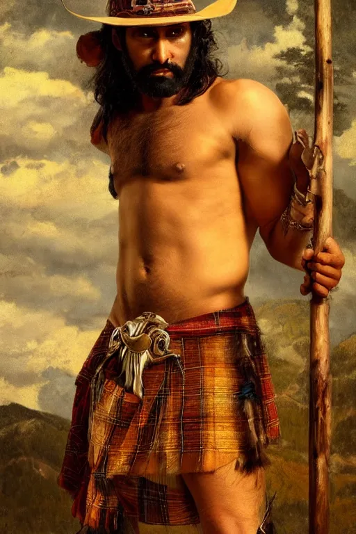 Prompt: a dramatic epic beautiful ethereal painting of a shirtless handsome desi cowboy | he has a hairy chest and is wearing a plaid kilt and cowboy hat, and holding a long wooden staff | background is mountain peaks and clouds | dramatic lighting, golden hour, homoerotic, realistic, art nouveau | by mark maggiori | trending on artstation