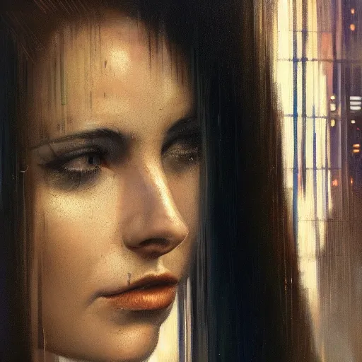 Image similar to detailed face of a woman, moment, cyberpunk cloisters, electronic billboards, tech noir, wet reflections, prism, atmospheric, ambient, pj crook, syd mead, livia prima, greg rutkowski, edward hopper