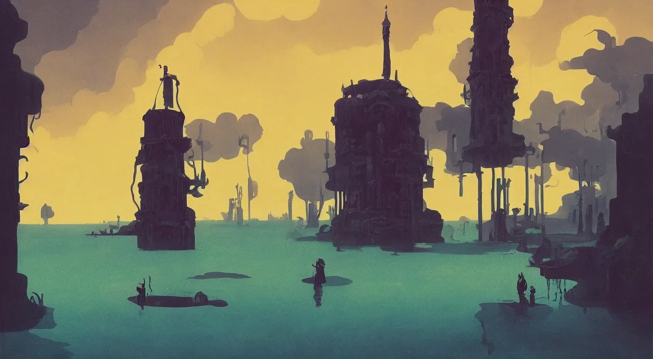 Image similar to single flooded simple! cosmic horror tower!, very coherent and colorful high contrast!! masterpiece by rene magritte simon stalenhag carl spitzweg syd mead norman rockwell edward hopper james gilleard, minimalist, dark shadows, sunny day, hard lighting