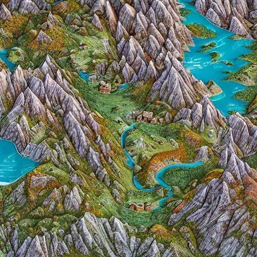 Prompt: topview map alps, miniature photography closeup, h0, 1:87, mountains, rocks, highly detailed, satellite image, game map, anno 1404, monkey island, civilization, by tim hildebrandt, by rhads, megascans texture