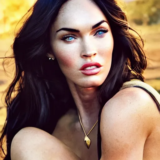 Prompt: megan fox still, natural light failling on her face, backlingtning, golden hour, medium - shot, fujifilm x - pro 2, by annie leibowitz