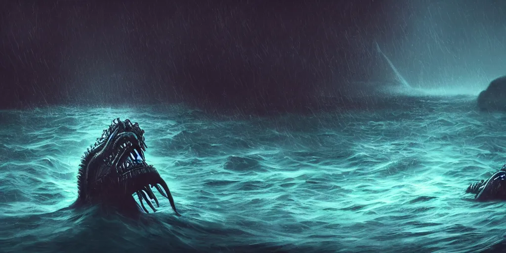 Prompt: of a dark and stormy ocean with large strange water creatures with big eyes!!, mouth and sharp teeth appearing from the water, in the style of Giger, macro lens, shallow depth of field, highly detailed, digital painting, trending artstation, concept art, illustration, cinematic lighting, vibrant colors, photorealism, epic, octane render