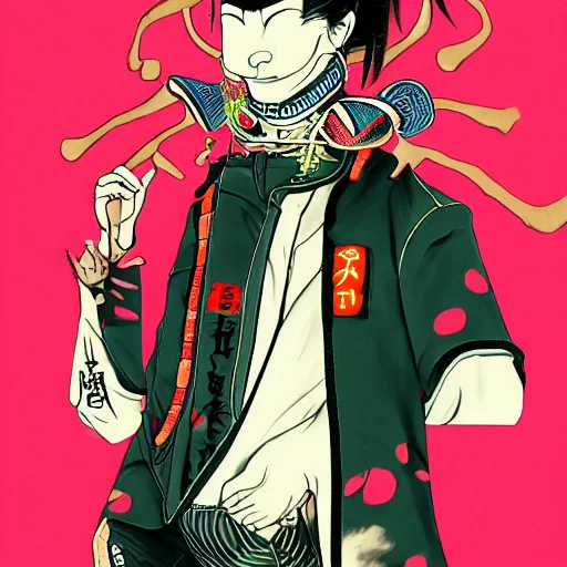 Prompt: a detailed portrait of a fashionable japanese demon wearing a cyberpunk bosozoku outfit the style of william blake and norman rockwell, kubrick, neon color scheme, crisp, artstationhd