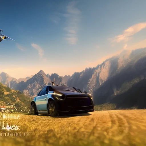 Prompt: a flying car, mountains in background, summer, clear skt, cinematic light