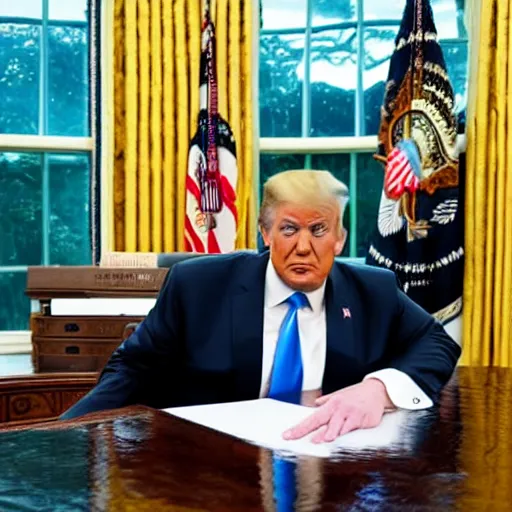 Image similar to trump sits at the resolute desk as a rainstorm fills up the oval office with water. Award winning portrait.