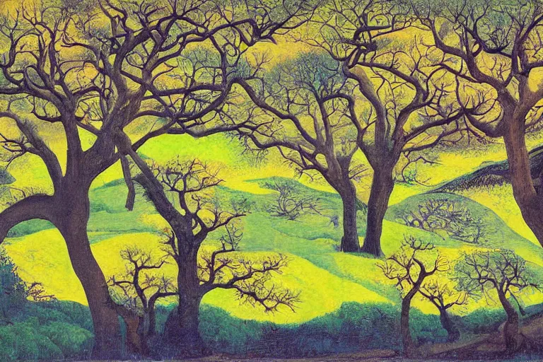 Image similar to masterpiece digital painting of oak trees on a hillside overlooking a creek, by leng mei lennie lee leo goetz leo leuppi leo lionni leo michelson leo valledor leo and diane dillon leon chwistek leon golub leon kaplinski leon kossoff leon kroll leon polk smith leon wyczołkowski leona wood