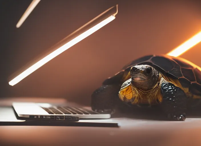 Prompt: photo still of a tortoise working on a laptop, 8 k, studio lighting bright ambient lighting key light, 8 5 mm f 1. 8