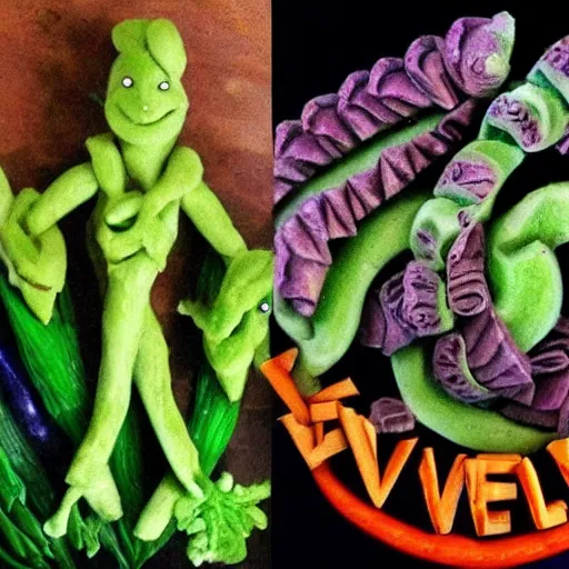 Image similar to the epic battle of good v.s evil as depicted by vegetable art