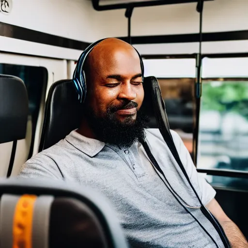 Prompt: portrait of a bald 👨🏾‍🦲 with a goatee, wearing headphones and scrolling social media on the bus