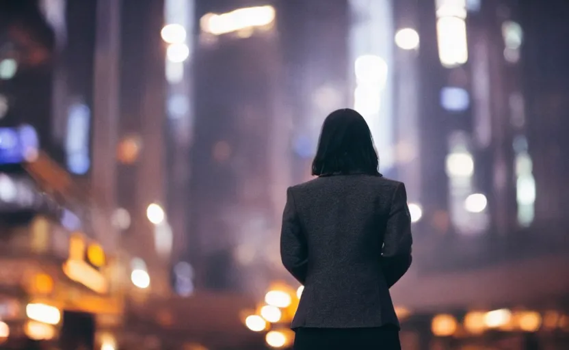 Prompt: a wide shot of a woman with a wool suit, short hair, blurred face, from the back, in front of a crowded dystopian city at night with cyberpunk lights