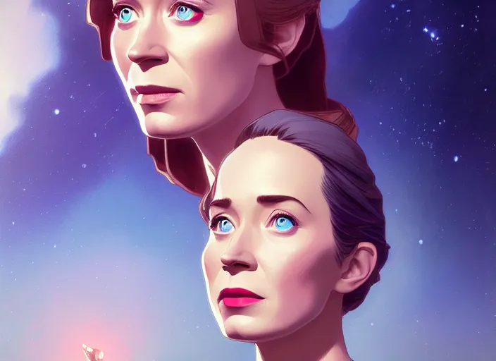 Image similar to a disney film still of emily blunt as a star trek officer, finely detailed features, closeup of the face, perfect art, dusk, blue hour, gapmoe yandere grimdark, trending on pixiv fanbox, painted by greg rutkowski, makoto shinkai, takashi takeuchi, alphonse mucha, akihiko yoshida