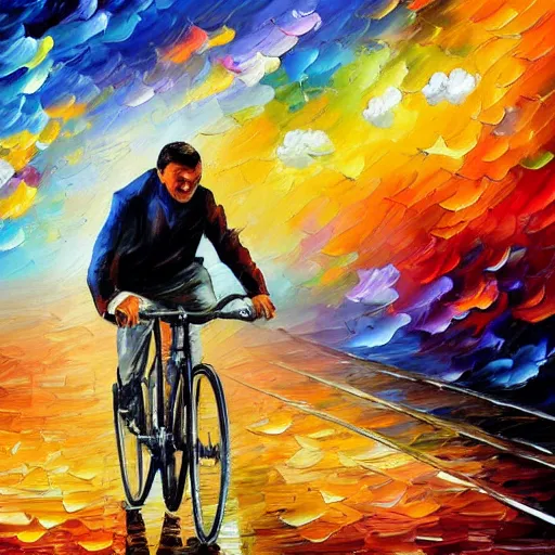 Image similar to A whimsical painting of a happy man flying in the sky on his bicycle in the clouds, expressive oil painting, digital art by Leonid Afremov