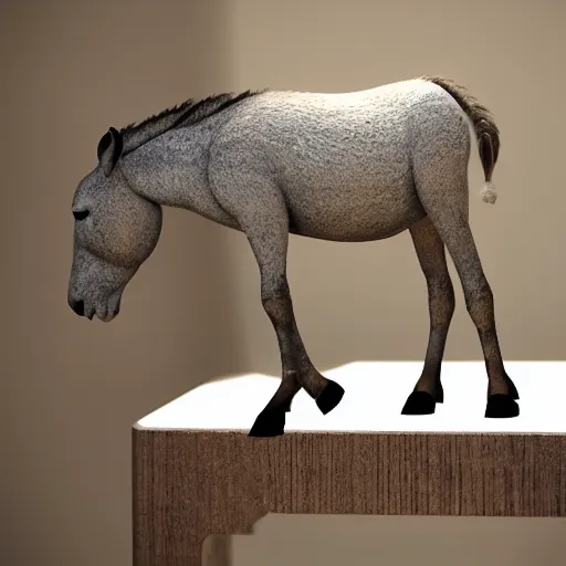 Image similar to a donkey on a table, 4 k, very realistic, photorealistic, very detailed, volumetric lighting