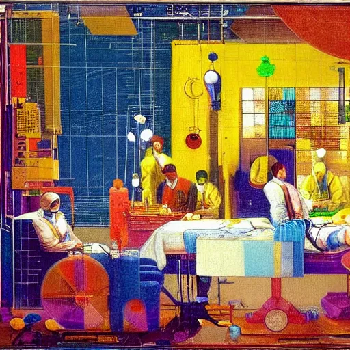 Prompt: A beautiful computer art of a team of surgeons gathered around a patient on an operating table, with one surgeon in the process of cutting into the patient's chest. The computer art is full of intense colors and brushstrokes, conveying the urgency and intensity of the surgery. by Joseph Cornell, by Paul Lehr ordered, elaborate