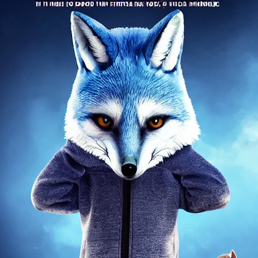 Image similar to modern ultra realistic comedy movie poster, featuring in anthropomorphic blue fox in a hoodie, promotional movie poster print