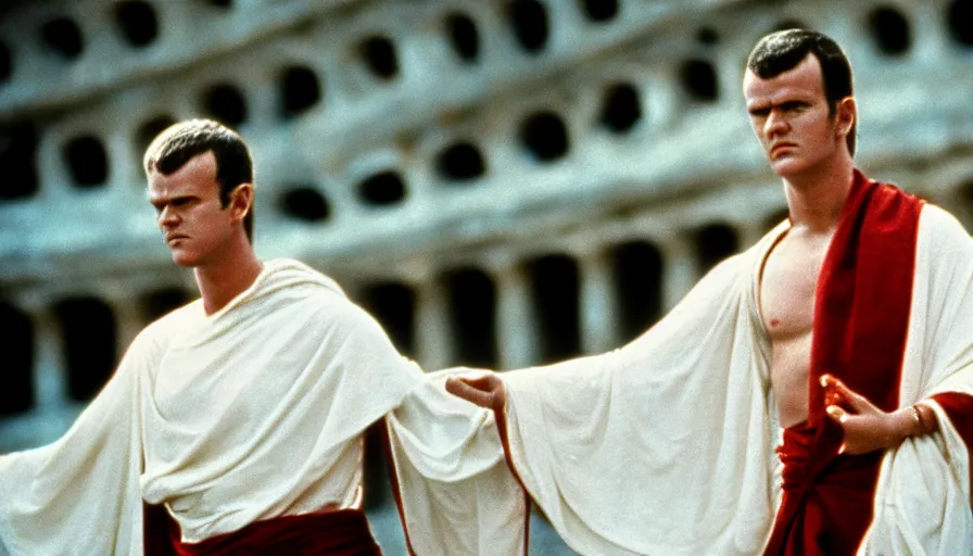 Image similar to 1 9 6 0 s movie still close - up of caligula in a white toga bleeding heavy on ancient amphitheater, cinestill 8 0 0 t 3 5 mm, high quality, heavy grain, high detail, dramatic light, anamorphic