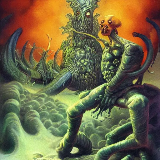 Prompt: nightmare mollusk army clawed chyme panzers destroyed, mucosal clustered in mollusk skin with tank treads in turbid primoridal slimes by boris vallejo 1 9 7 3, terror by francesco blanc, richard m powers oils, horror by enric torres, by jack gaughan