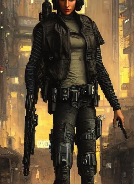 Image similar to 🧕🏾. cyberpunk police trooper in a military vest ( blade runner 2 0 4 9, cyberpunk 2 0 7 7 ). orientalist portrait by john william waterhouse and james gurney and theodore ralli and nasreddine dinet, oil on canvas. cinematic, hyper realism, realistic proportions, dramatic lighting, high detail 4 k