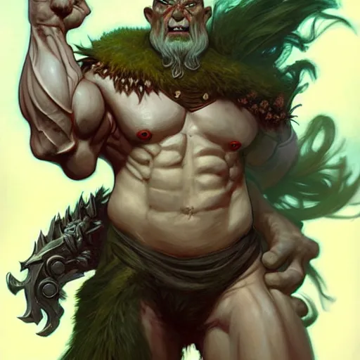 Image similar to muscular orc, D&D character art, portrait, digital painting, handsome, concept art, intricate, mogul khan, Peter Mohrbacher, Alphonse Mucha, Brian Froud, Yoshitaka Amano, Kim Keever, Victo Ngai, James Jean