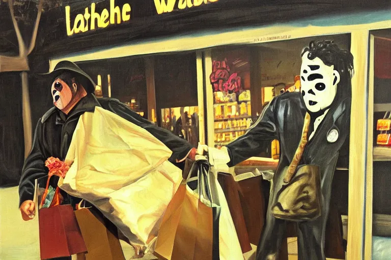 Image similar to black velvet painting of leatherface shopping at a grocery store