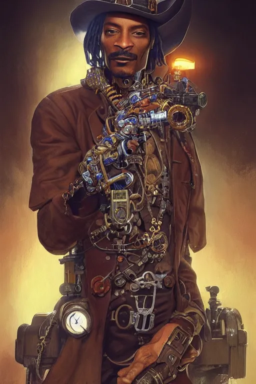 Image similar to cowboy snoop dog as a steampunk cyborg gunslinger, portrait, cyber western, duster, fantasy, intricate, elegant, highly detailed, digital painting, artstation, concept art, sharp focus, illustration, art by artgerm and greg rutkowski and alphonse mucha