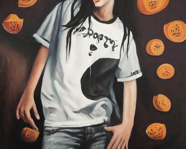 Prompt: a painting of an emo teenager wearing a shirt with a cantaloupe on it, at a super cool house party, unreal engine, atmospheric, hip, cool, college party