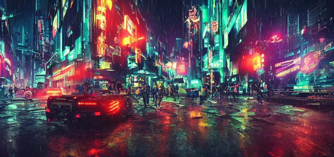 Image similar to cyberpunk look of Small outdoor carnival, rain, night, flying cars, digital art, 8k, many details