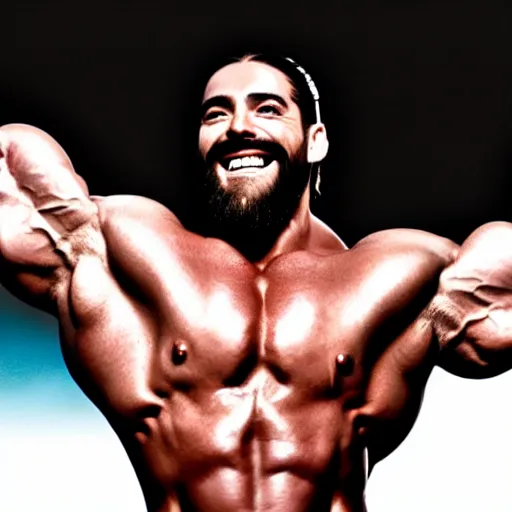 Image similar to jesus with enormous glistening muscles, body builder, smiling, gay